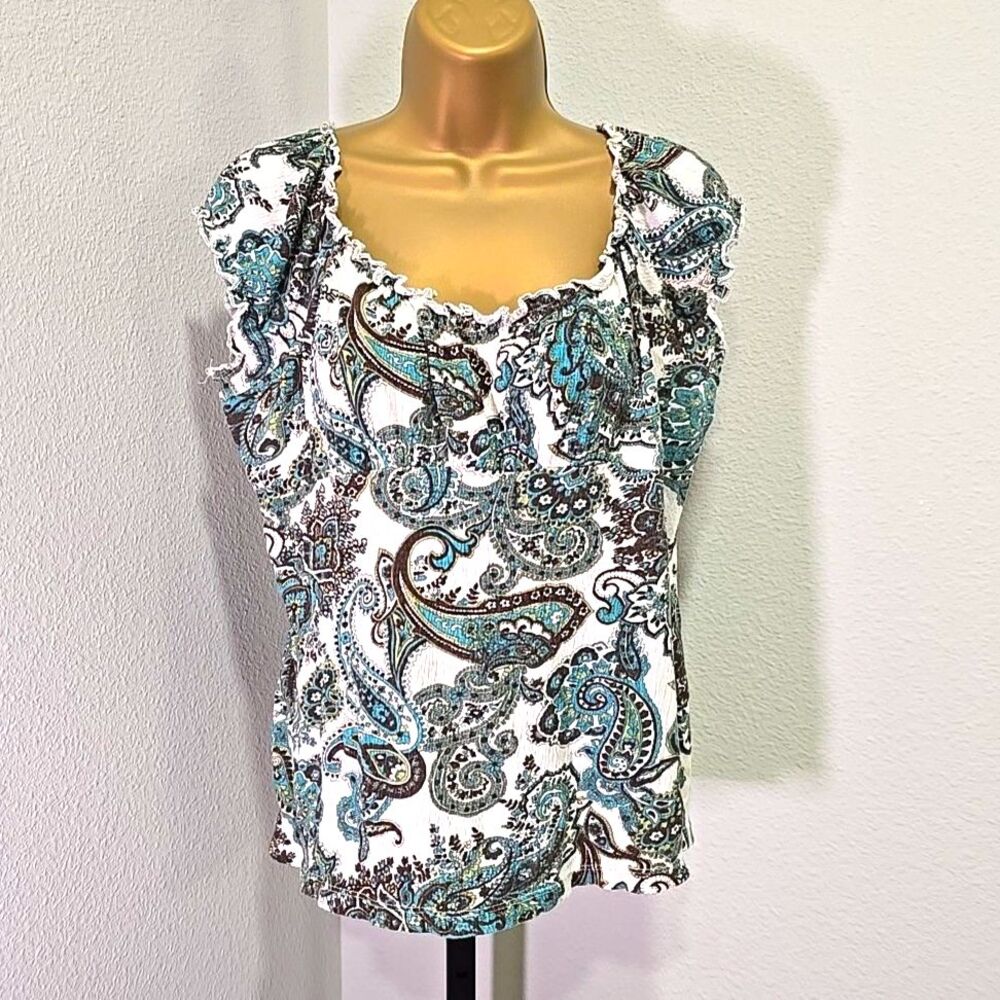 Babydoll Milkmaid Top Womens L Green Brown Paisley Y2K Boho Fairy Peasant